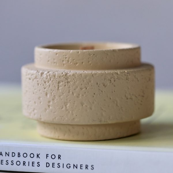 Handcrafted Beige Textured Ceramic Candle with Wooden Wick